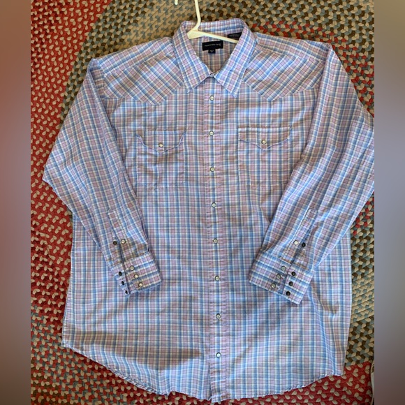 - Men’s panhandle slim western shirt size XXLT, pink blue plaid, with snaps - Picture 1 of 3